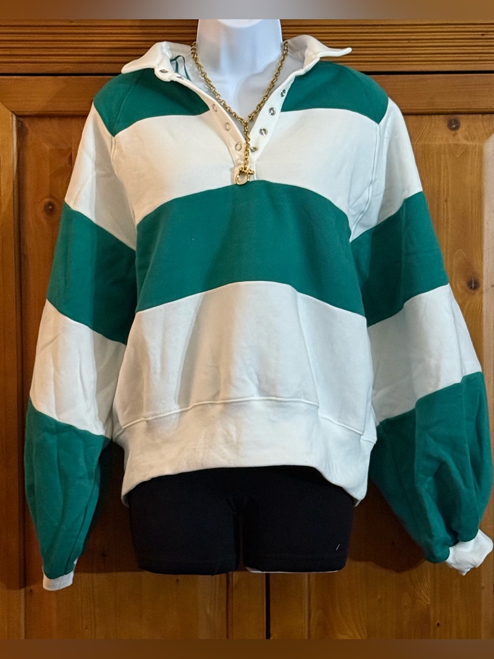Striped Green & White Rugby Polo Sweatshirt